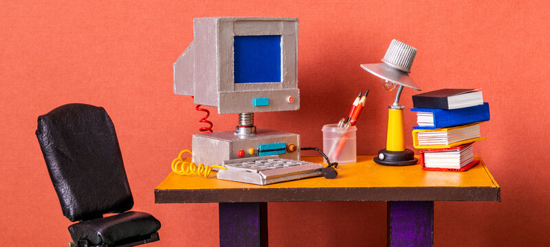 Miniature office desk with chair, lamp and computer monitor. Office setup flyer, workspace leaflet, desk organization card