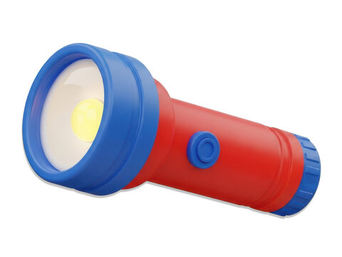 A red and blue children's flashlight with a yellow light isolated on transparent background