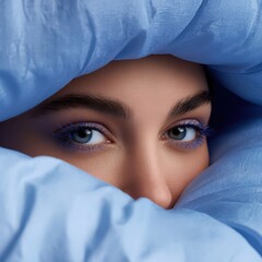 Fototapeta premium Beautiful Woman's Eyes with Vibrant Blue Mascara and Puffy Fabric