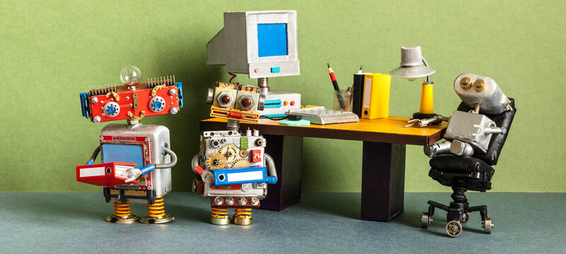 Toy office workspace. Robot boss black leather chair, assistants robotics managers with a folder of documents are ready for new orders. Green wall background