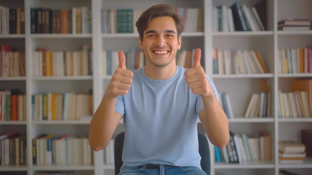 Young man giving thumbs up in front of bookshelf in library or study area