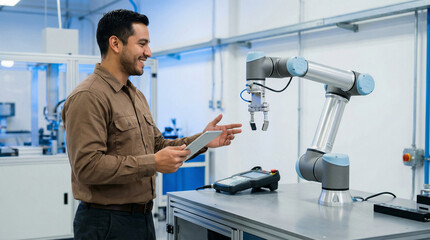 Fototapeta premium Modern engineer smiling while programming an advanced robotic arm using a digital tablet, showcasing human-machine collaboration in an innovative industrial setting for automated manufacturing