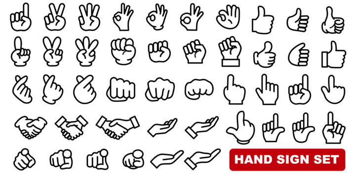 多様な手のジェスチャーを集めたハンドサインアイコンセット　指差し・OK・グー・ピース対応