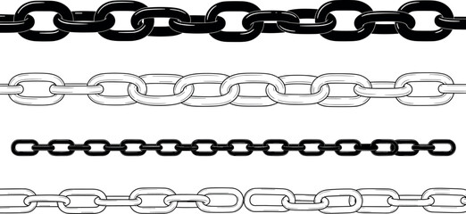 Set of horizontal metal chain links in black and outline styles, seamless industrial connection elements for design and decoration © REYAD