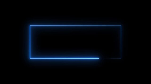 A sharp blue neon rectangle outline glows brightly against a completely black background creating a simple geometric frame or border for purposes