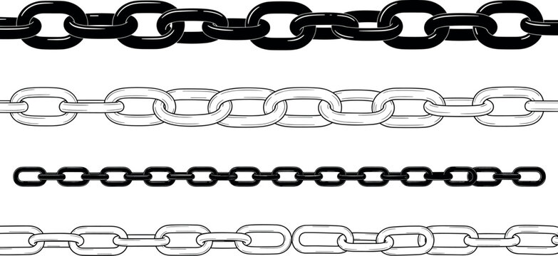 Set of horizontal metal chain links in black and outline styles, seamless industrial connection elements for design and decoration