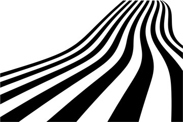 A minimalist black and white vector graphic of converging stripes on a transparent background