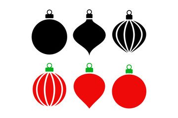 A set of Christmas ornaments in red and black with green caps on a white background
