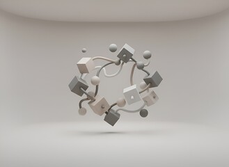 3D rendering of a circular arrangement of floating white and gray geometric shapes on a plain background with a subtle shadow effect.