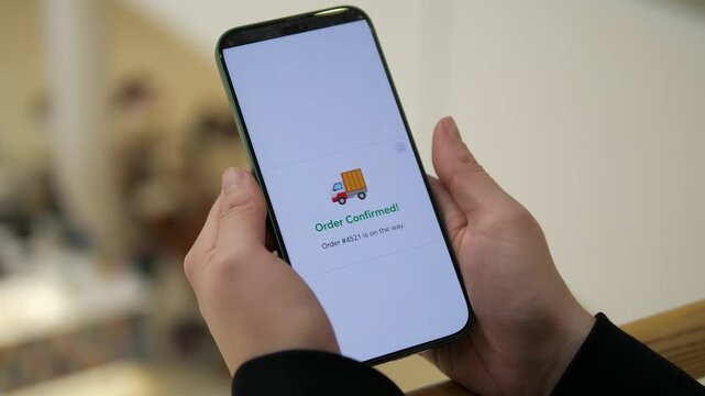 Close-up of a user placing an order on a smartphone. Features smooth checkout flow, packing animation, and Order Confirmed screen. Ideal for e-commerce ads, retail marketing, and consumer behavior