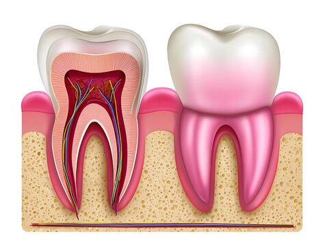 High-detail tooth root cross section realistic pulp and root canal medical illustration quality white background soft neutral lighting close-up medical view, Realistic Photo