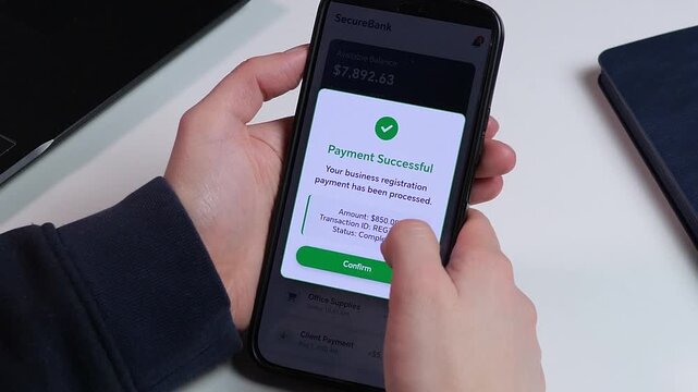 Entrepreneur Completing Business Fee Transaction. Modern entrepreneur pays official fees via smartphone. High-quality UI showing successful transaction confirmation.