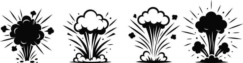 Explosion Silhouettes Collection with Smoke and Debris Effects for Action Graphics, Bomb Blast and Ground Explosion Shapes Set with Cloud and Splash Elements © bijay