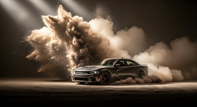 Aggressive black sport sedan driving fast on dirt road, dramatic dust explosion and debris flying in spotlight, powerful automotive performance and speed concept.