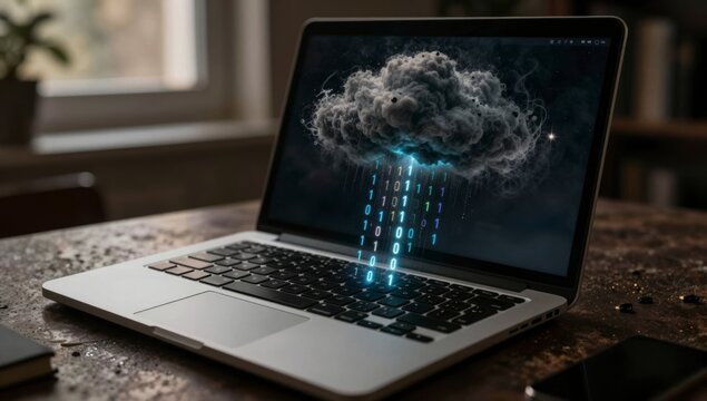 Laptop screen displays a stormy cloud emitting binary code in glowing blue light