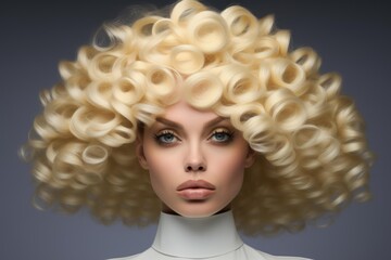 Fototapeta premium Studio portrait of a woman with voluminous platinum blonde curls, showcasing a glamorous and stylish hairstyle