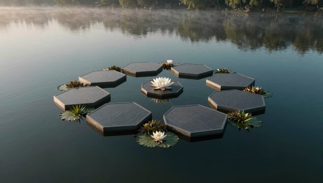 Circular arrangement of octagonal platforms with water lilies floating on a calm lake