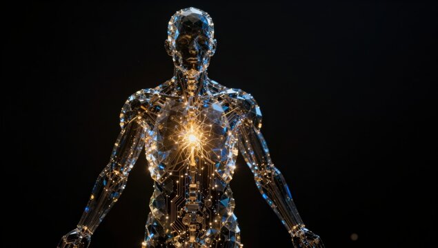 Crystalline humanoid figure glowing with internal digital circuits and bright energy core