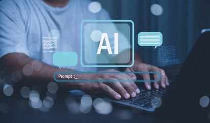 A man is using a laptop to enter a text prompt into a generative AI interface.