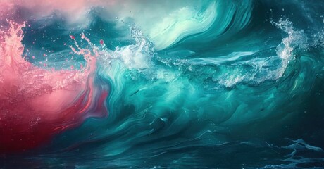 Fototapeta premium Dramatic ocean waves, vibrant colors blend. Turquoise, pink hues create swirling energy, powerful motion captured beautifully.