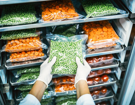 Vacuum-Sealed Frozen Vegetables Stored in Freezer for Cold Chain Management
