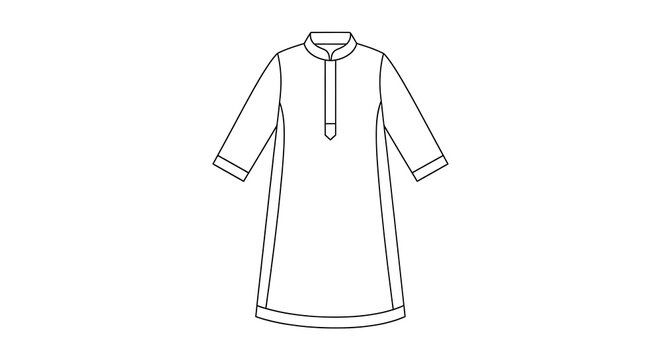 Simple line drawing of a traditional tunic with mandarin collar and three-quarter sleeves on a plain background from a front viewpoint