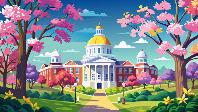 Very beautiful spring scene at the University of Missouri with blooming redbud trees framing the white dome of Jesse Hall, celebrating seasonal color and classic campus elegance.
