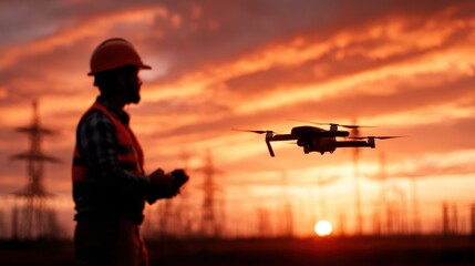 A silhouette of a drone pilot controlling a drone during a dramatic sunset, with power lines creating an industrial backdrop, showcasing modern technology in nature.