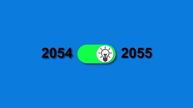 Year 2054 transitioning to 2055 with a glowing light bulb toggle switch on blue background future