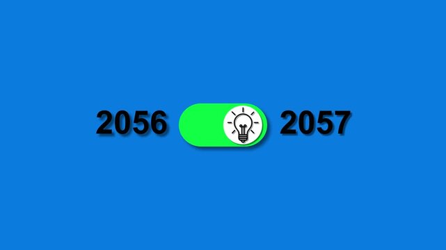 Year 2056 transitioning to 2057 with a glowing light bulb toggle switch on blue background future