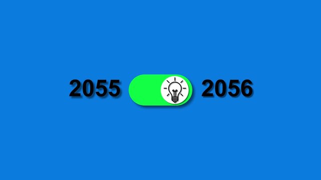 Year 2055 transitioning to 2056 with a glowing light bulb toggle switch on blue background future