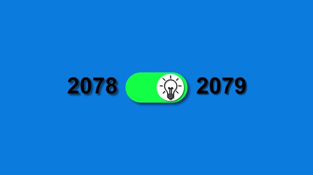 Year 2078 transitioning to 2079 with a glowing light bulb toggle switch on a blue background change
