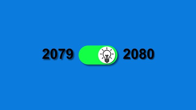 Year 2079 transitioning to 2080 with a glowing light bulb toggle switch on a blue background change