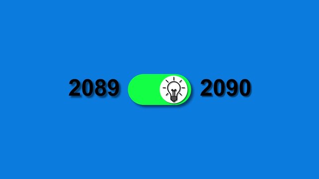 Year 2089 transitioning to 2090 with a glowing light bulb toggle switch on blue background image photo