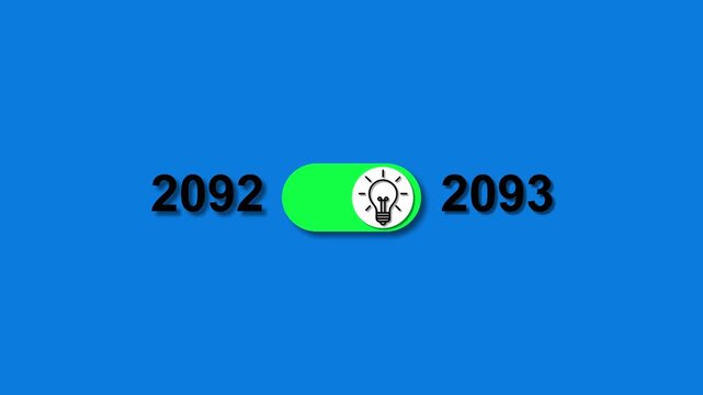 Year 2092 transitioning to 2093 with a glowing light bulb toggle switch on blue background image photo