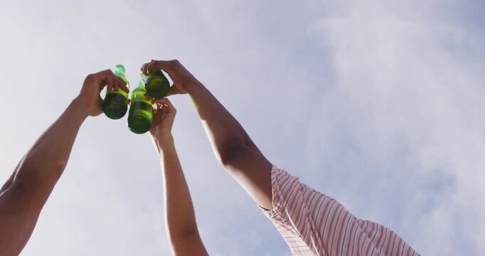 Hands of diverse friends making toast with bottles of beer in the sun at outdoor party