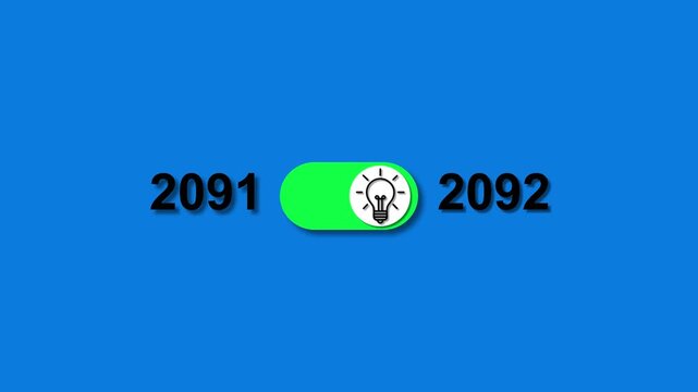 Year 2091 transitioning to 2092 with a glowing light bulb toggle switch on blue background image photo