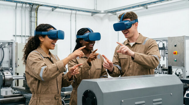 Smiling diverse young professionals actively engage in immersive virtual reality training, exploring advanced industrial applications and collaborative learning