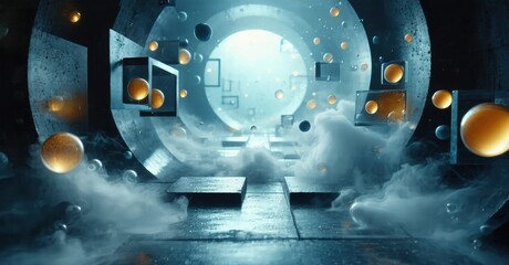 Fototapeta premium Futuristic tunnel, glowing orbs, smoke effects, concrete walls. Dramatic lighting creates mysterious, ethereal space.