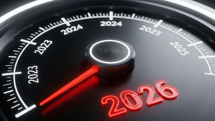Modern speedometer dial showing years 2023 to 2026 with glowing red needle