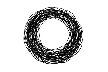 Black circular scribble creating a tangled abstract ring frame, a hand drawn nest element indicating chaos or complexity