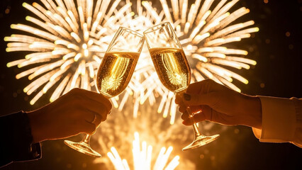 People toasting with champagne glasses during fireworks celebration