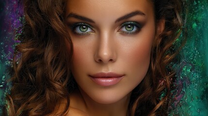 Fototapeta premium Stunning Portrait of a Beautiful Woman with Radiant Green Eyes
