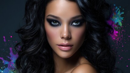 Naklejka premium Stunning Woman with Smokey Eyes and Artistic Paint Splatter