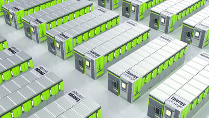 Group of energy storage systems or battery container units isometric
