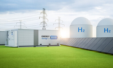 Group of energy storage systems or battery container units with various sources of energy