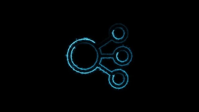 A glowing blue neon outline representing a network or sharing symbol with a central circle connected to three smaller circles on a dark black background Keywords: network, sharing, symbol