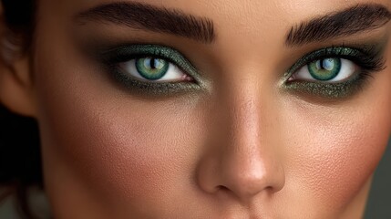 Fototapeta premium Close-up of Woman with Stunning Green Eyes and Emerald Eyeshadow