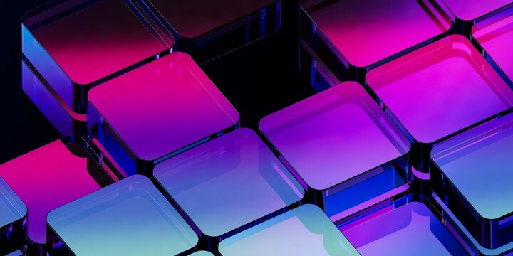 Creative 3D composition of pink purple iridescent glass cubes forming an abstract design