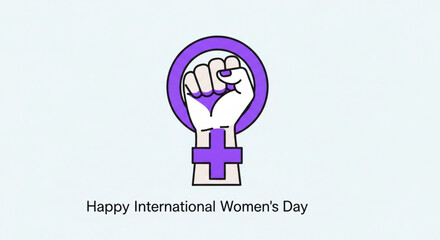 International women's day celebration with clenched fist and purple symbol on light background
